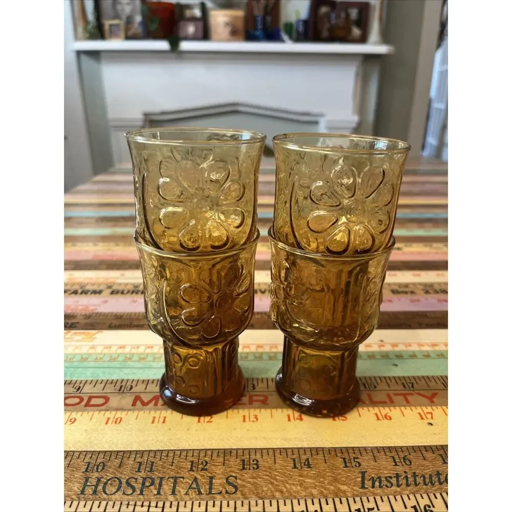 Vintage Libbey Amber Brown Country Garden Daisy Juice Glasses Tumblers Set Of 4